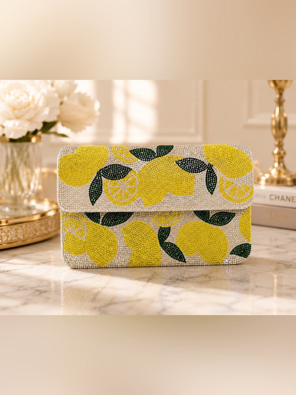 Crystal Lemon-Print Envelope Clutch in Yellow